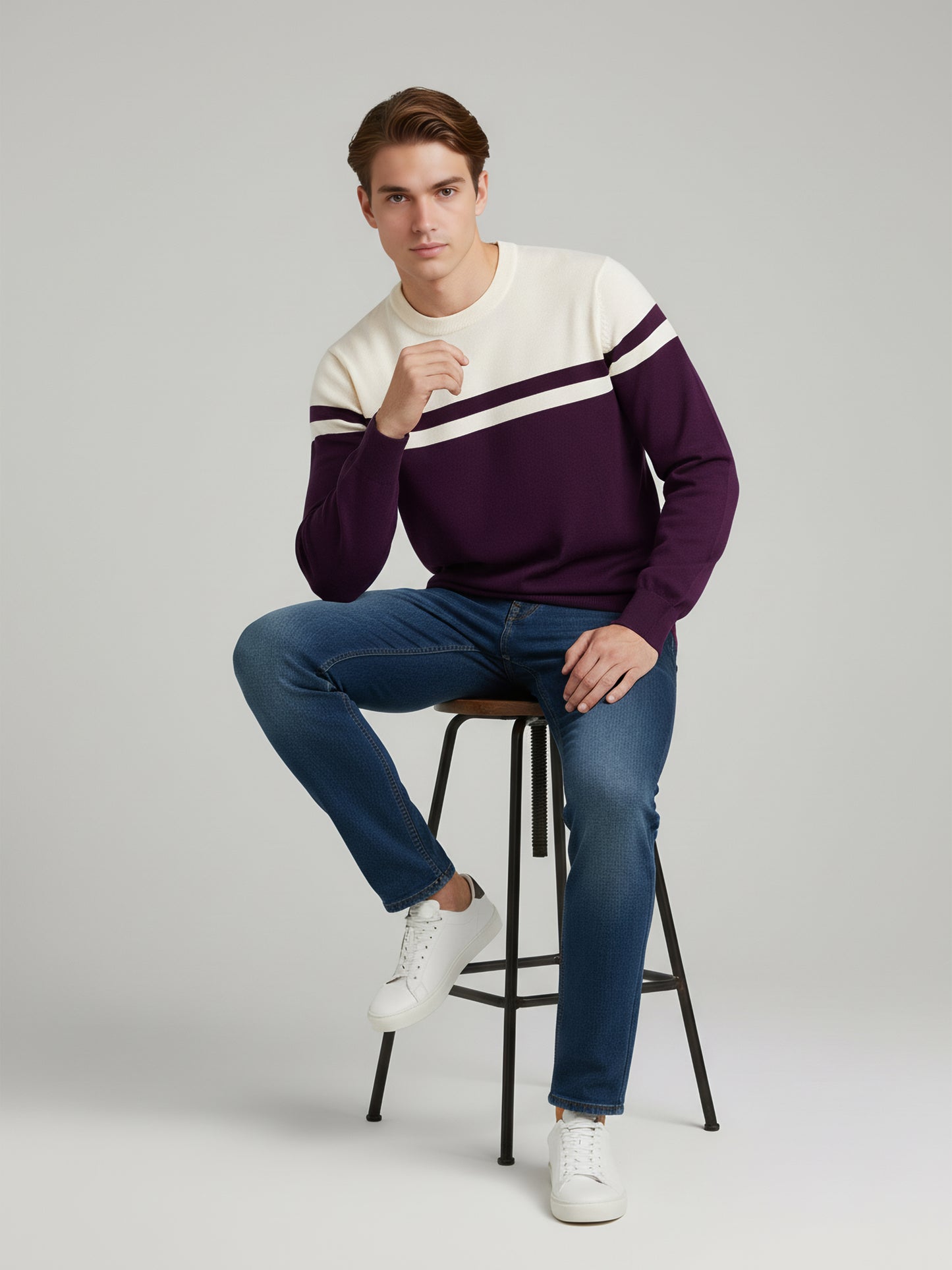 Celio Men Purple Colourblocked Regular Fit Cotton Sweaters