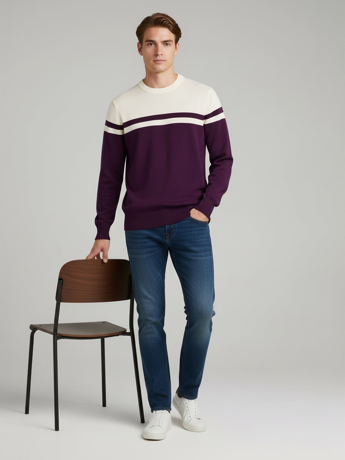 Celio Men Purple Colourblocked Regular Fit Cotton Sweaters