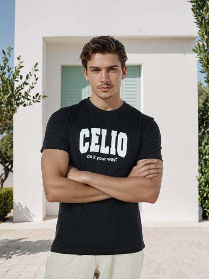 Celio* Men Black Printed Regular Fit Cotton T-Shirts