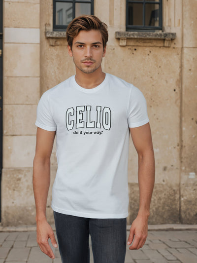 Celio* Men White Printed Regular Fit Cotton T-Shirts