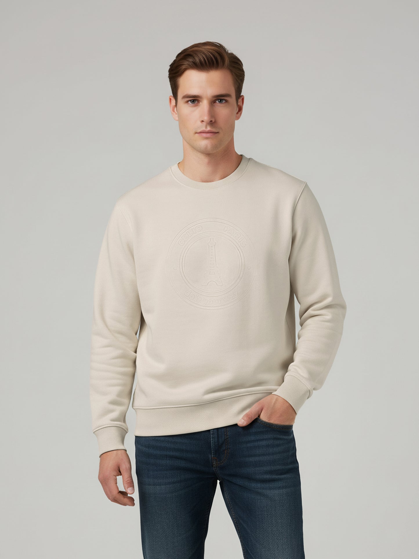 Celio* Men Beige Solid Regular Fit Cotton-Blend Sweatshirts