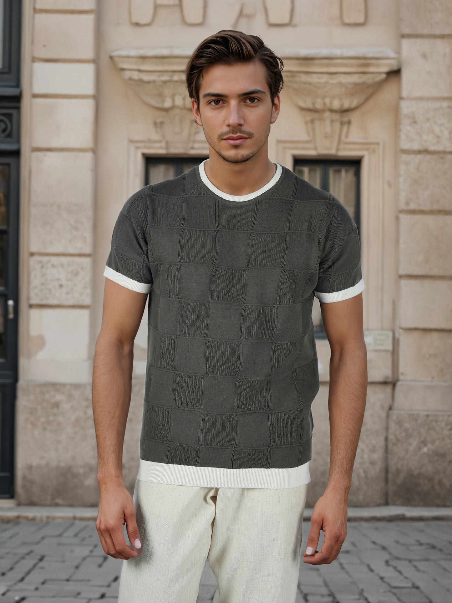 Celio* Men Olive Checked Regular Fit Cotton T-Shirts