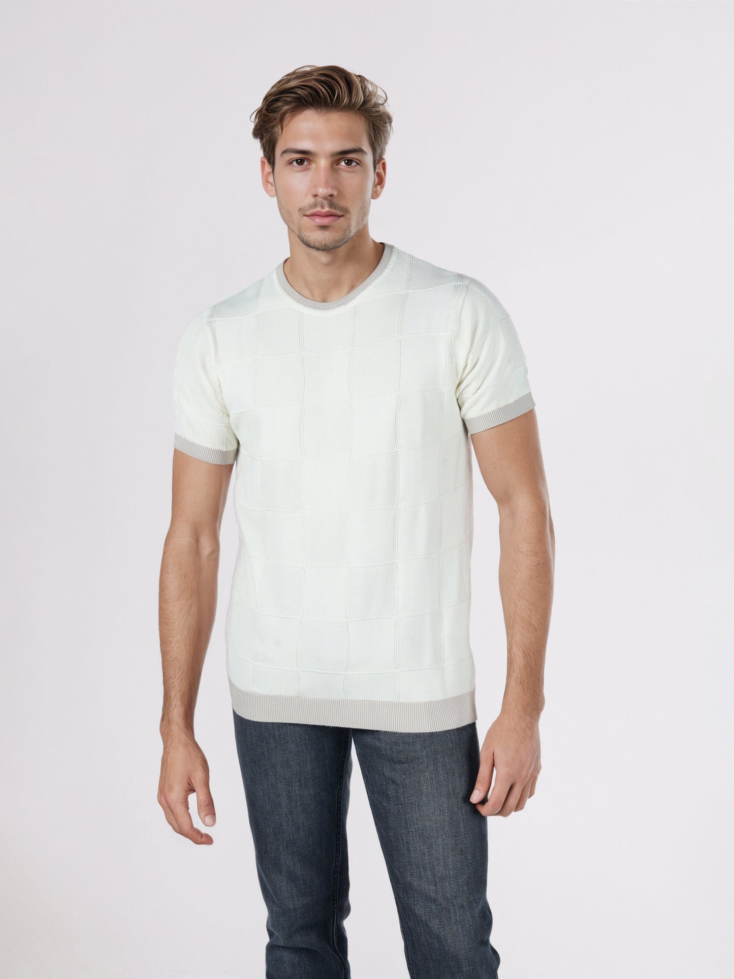 Celio* Men Cream Checked Regular Fit Cotton T-Shirts