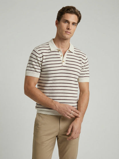 Celio* Men Off White Striped Regular Fit Cotton T-Shirts