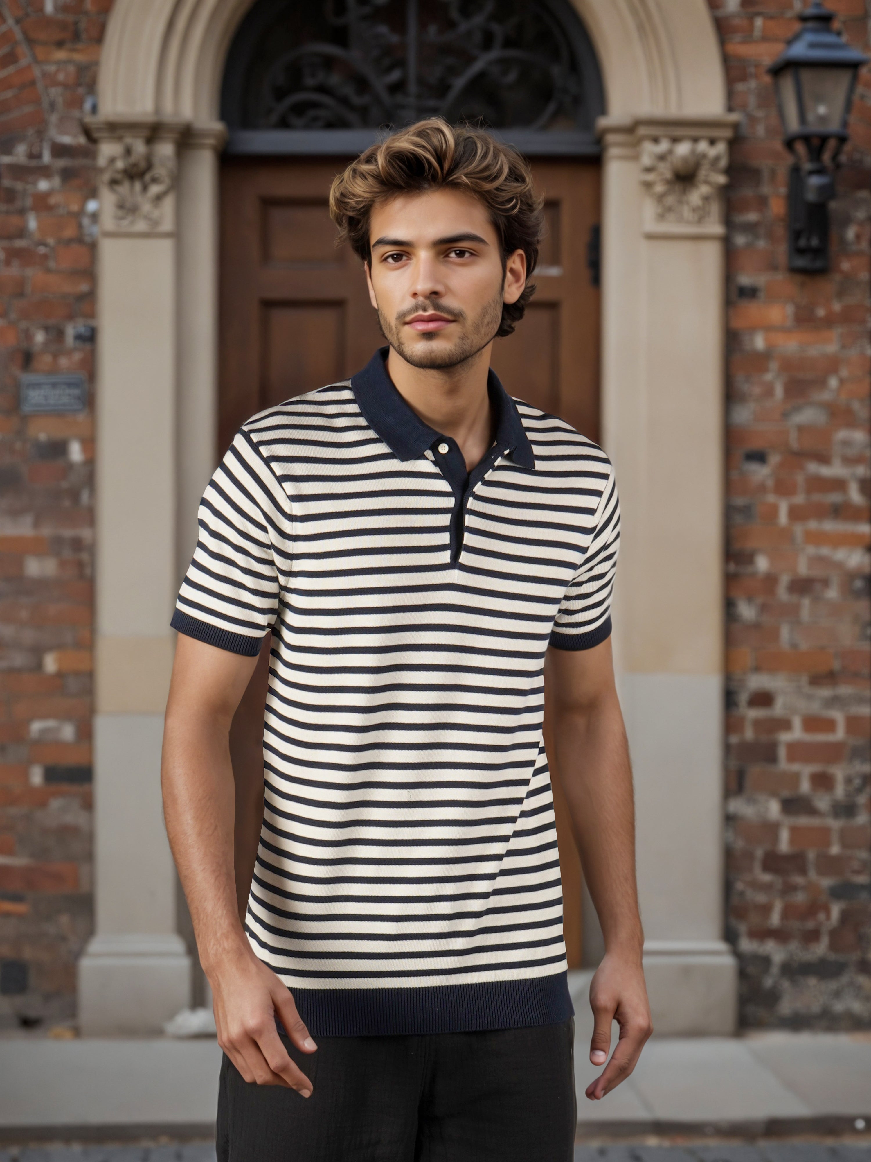 Celio* Men Navy Blue Striped Regular Fit Cotton T-Shirts
