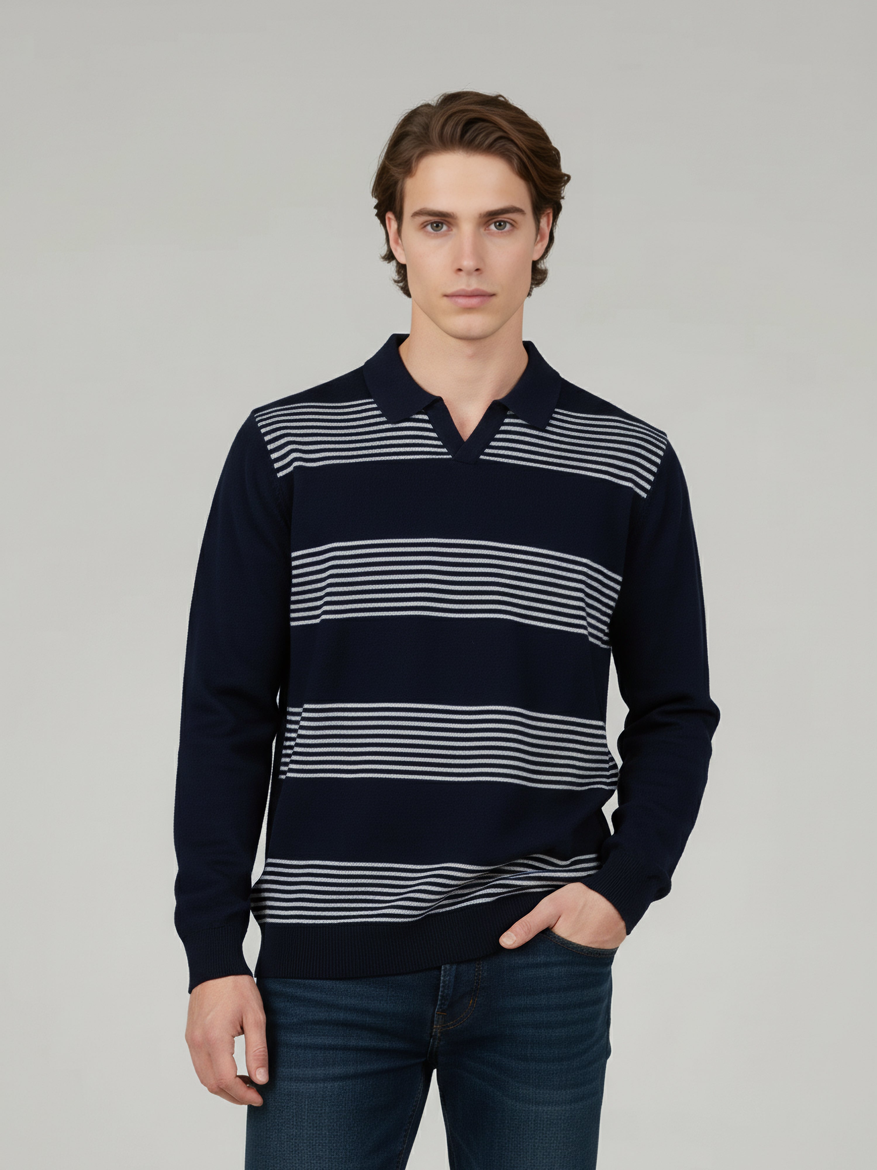 Celio Men Navy Blue Striped Regular Fit Cotton T-Shirts