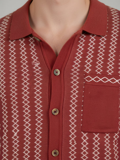 Celio* Men Red Striped Regular Fit Cotton T-Shirts