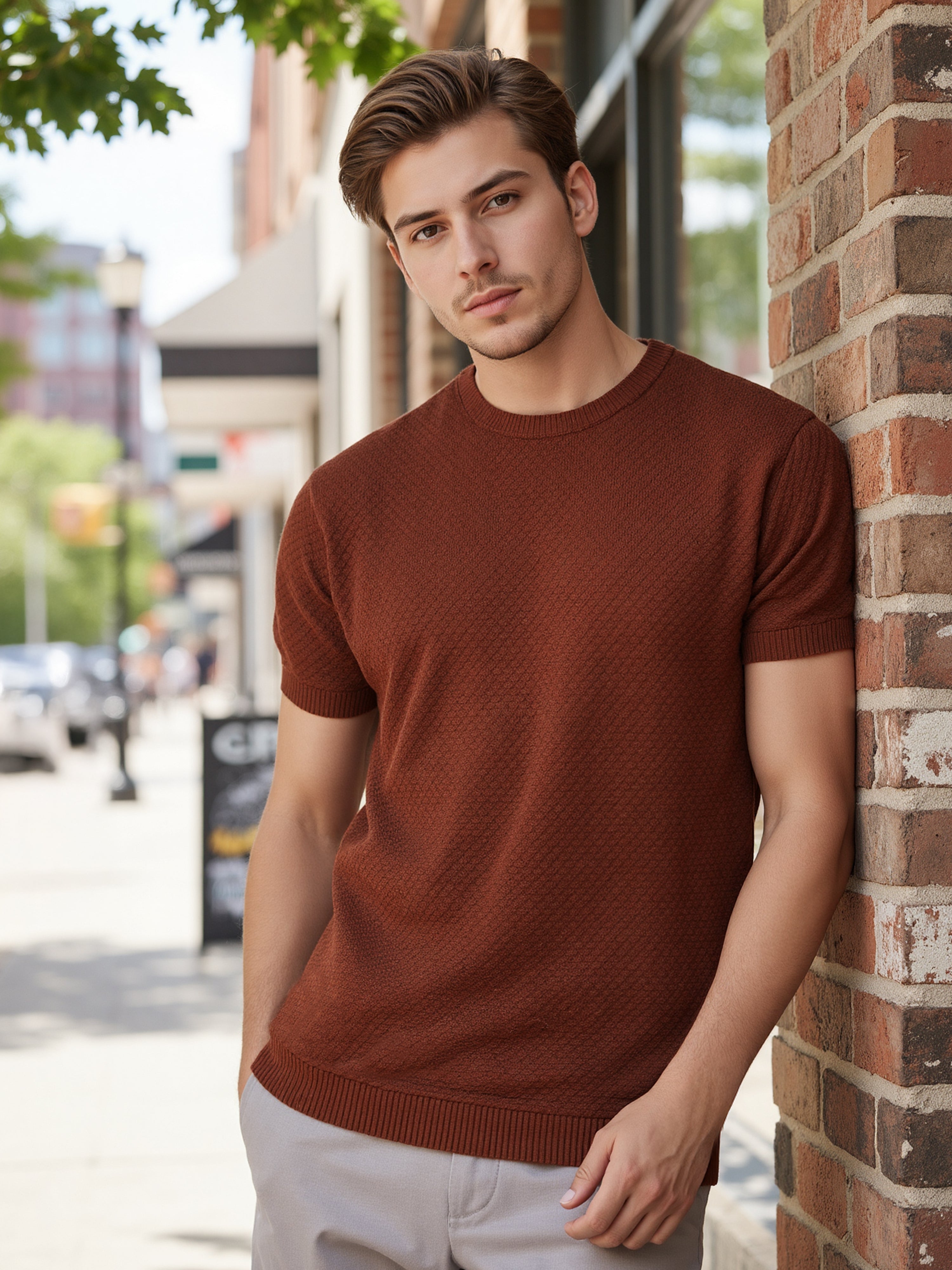 Celio Men Brown Solid Regular Fit Cotton T-Shirts