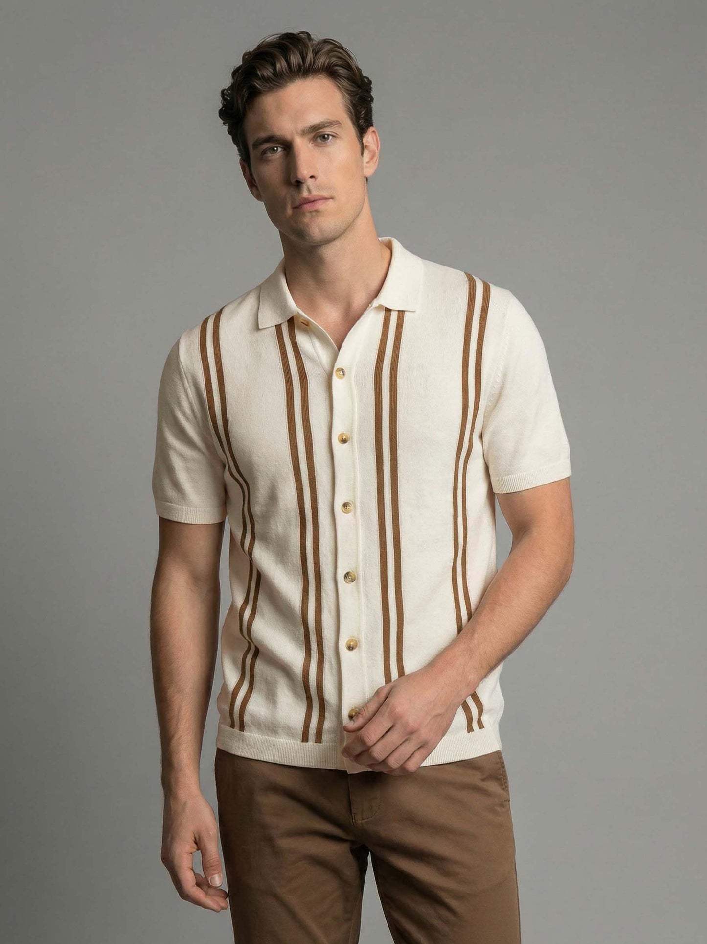 Celio* Men Off White Striped Regular Fit Cotton T-Shirts