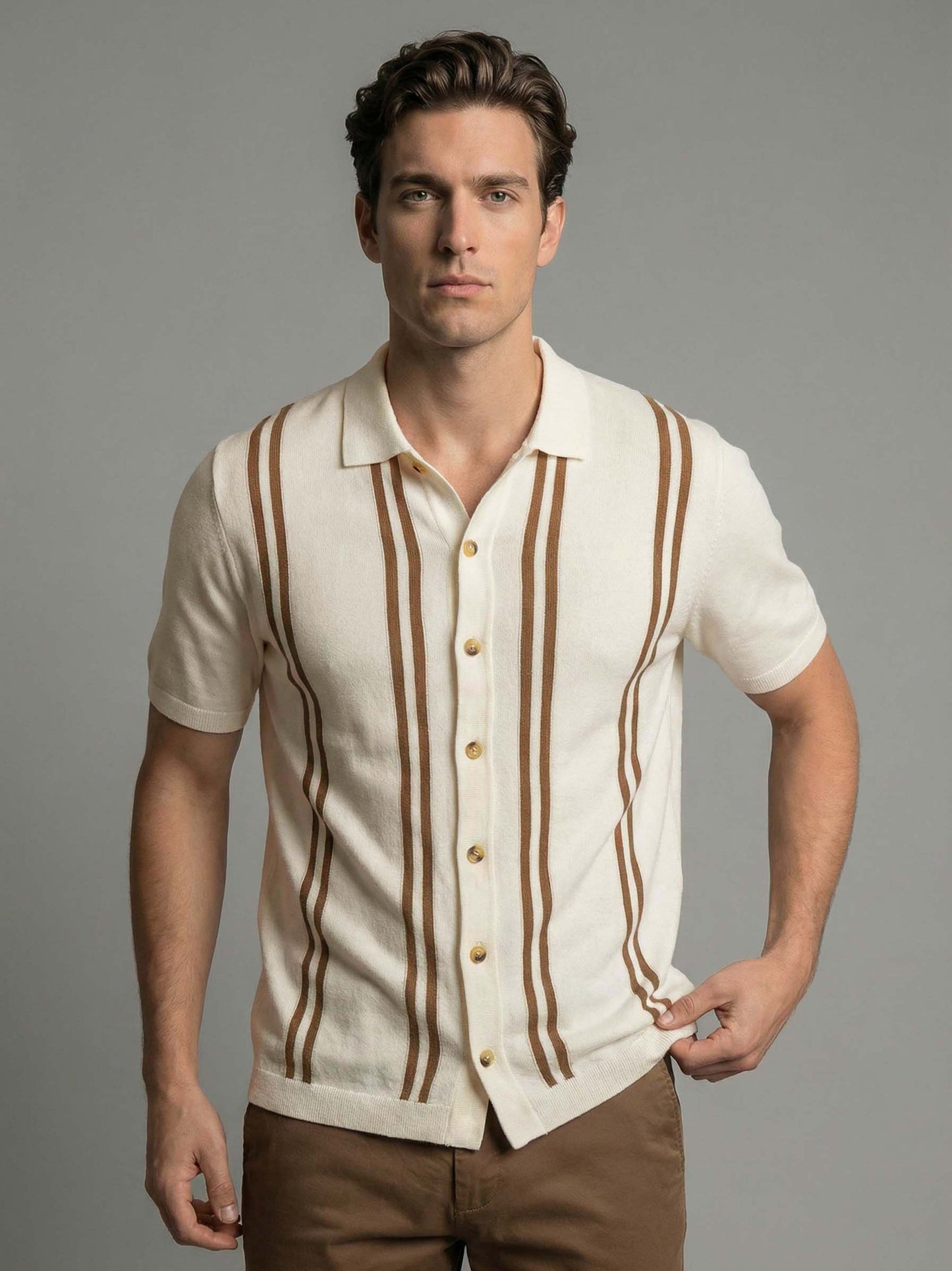 Celio* Men Off White Striped Regular Fit Cotton T-Shirts