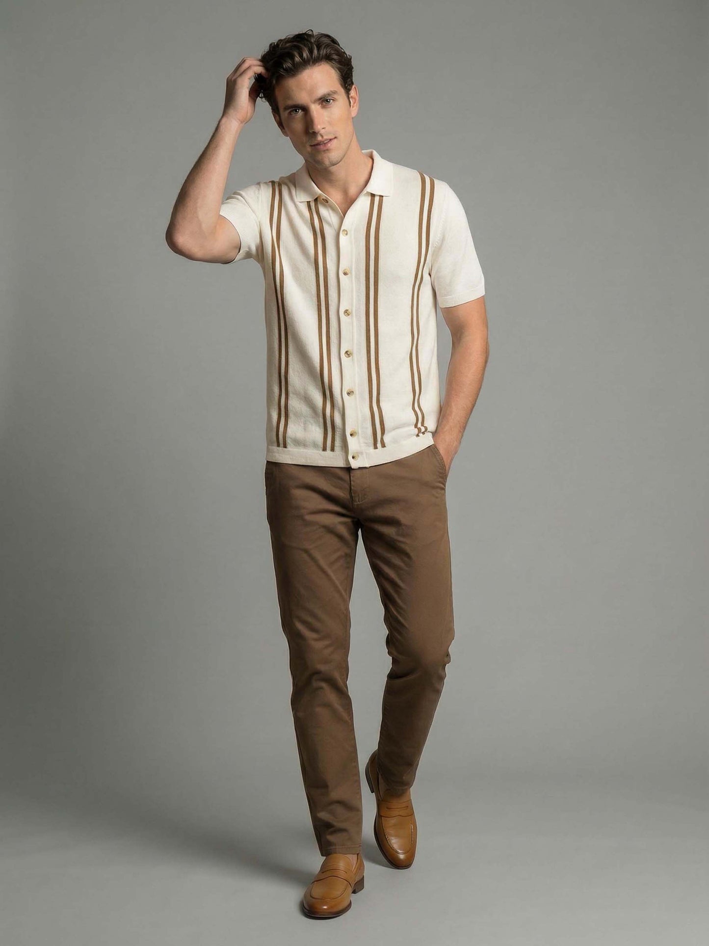 Celio* Men Off White Striped Regular Fit Cotton T-Shirts