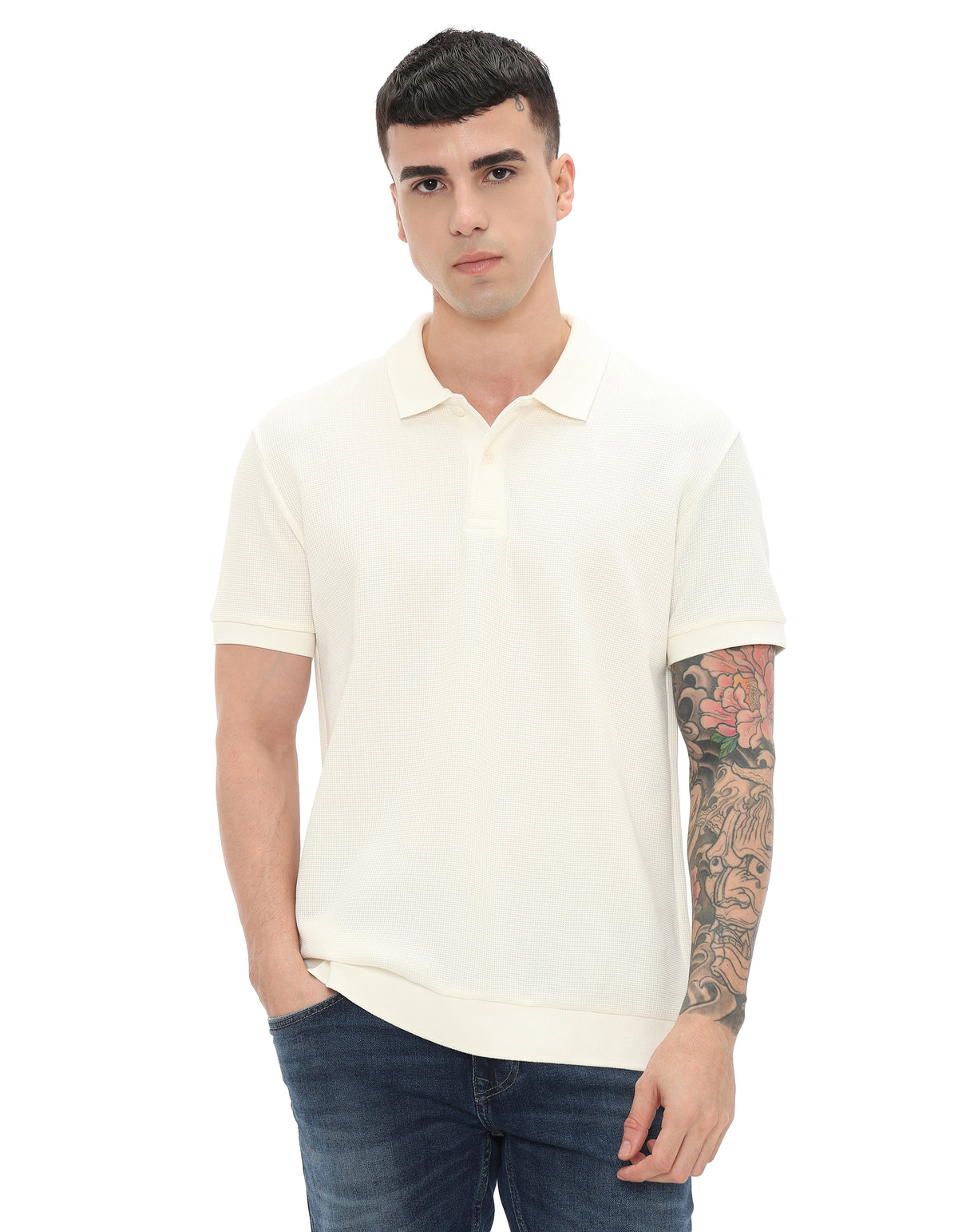 Regular Fit Polycotton Solid Tshirts - Off White