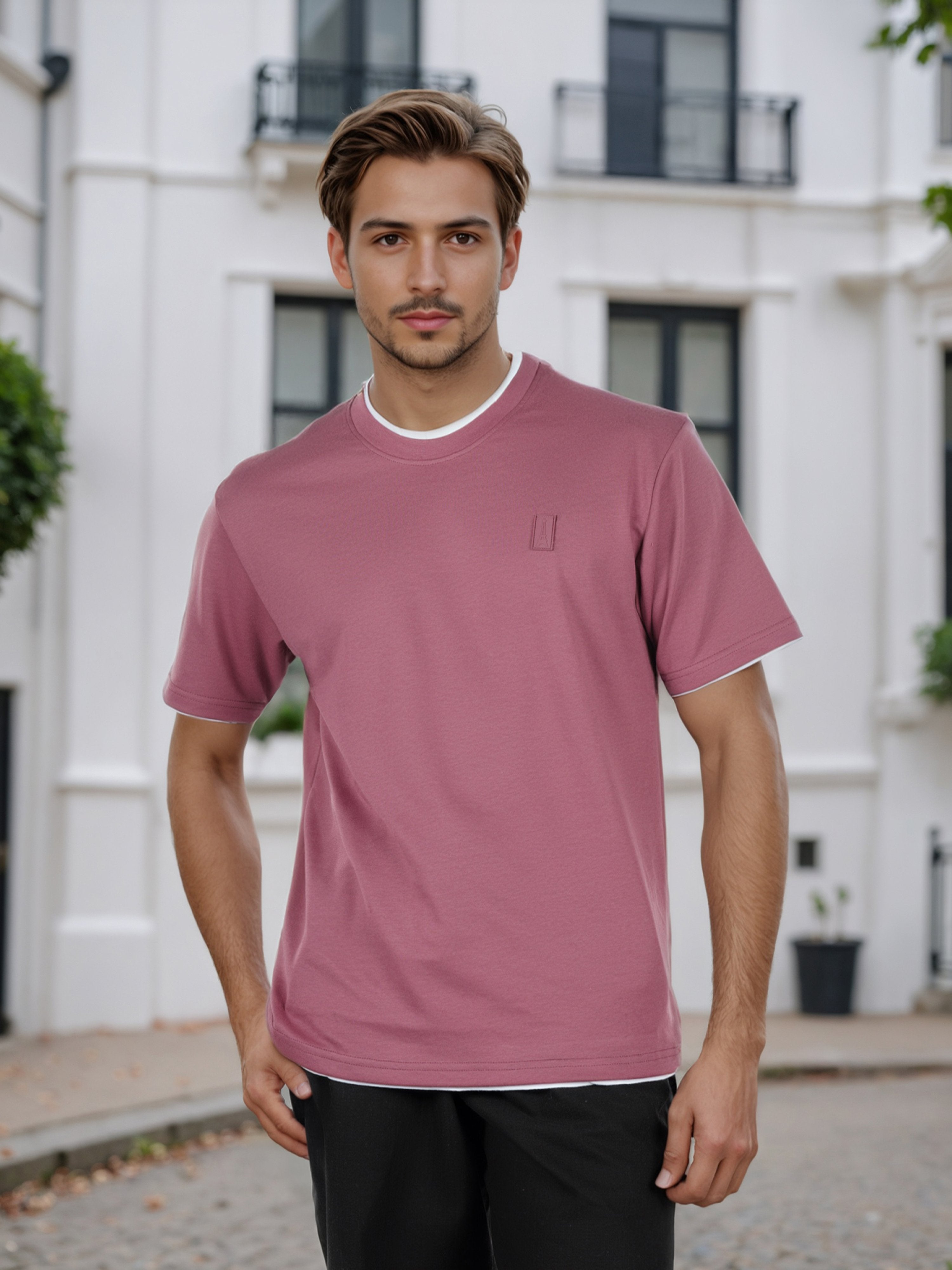 Celio* Men Pink Solid Boxy Fit Cotton-Poly-Blend T-Shirts