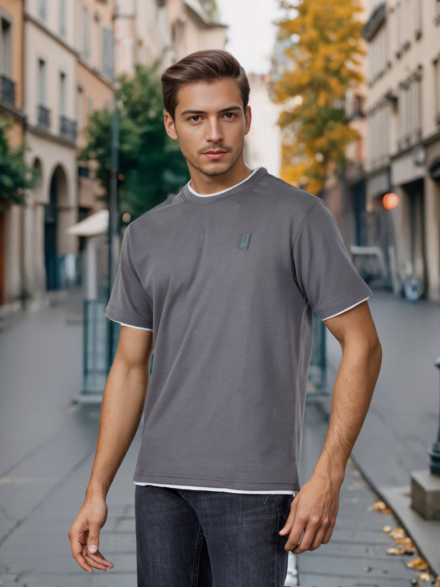 Celio* Men Grey Solid Boxy Fit Cotton-Poly-Blend T-Shirts