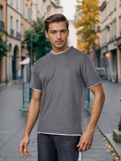 Celio* Men Grey Solid Boxy Fit Cotton-Poly-Blend T-Shirts