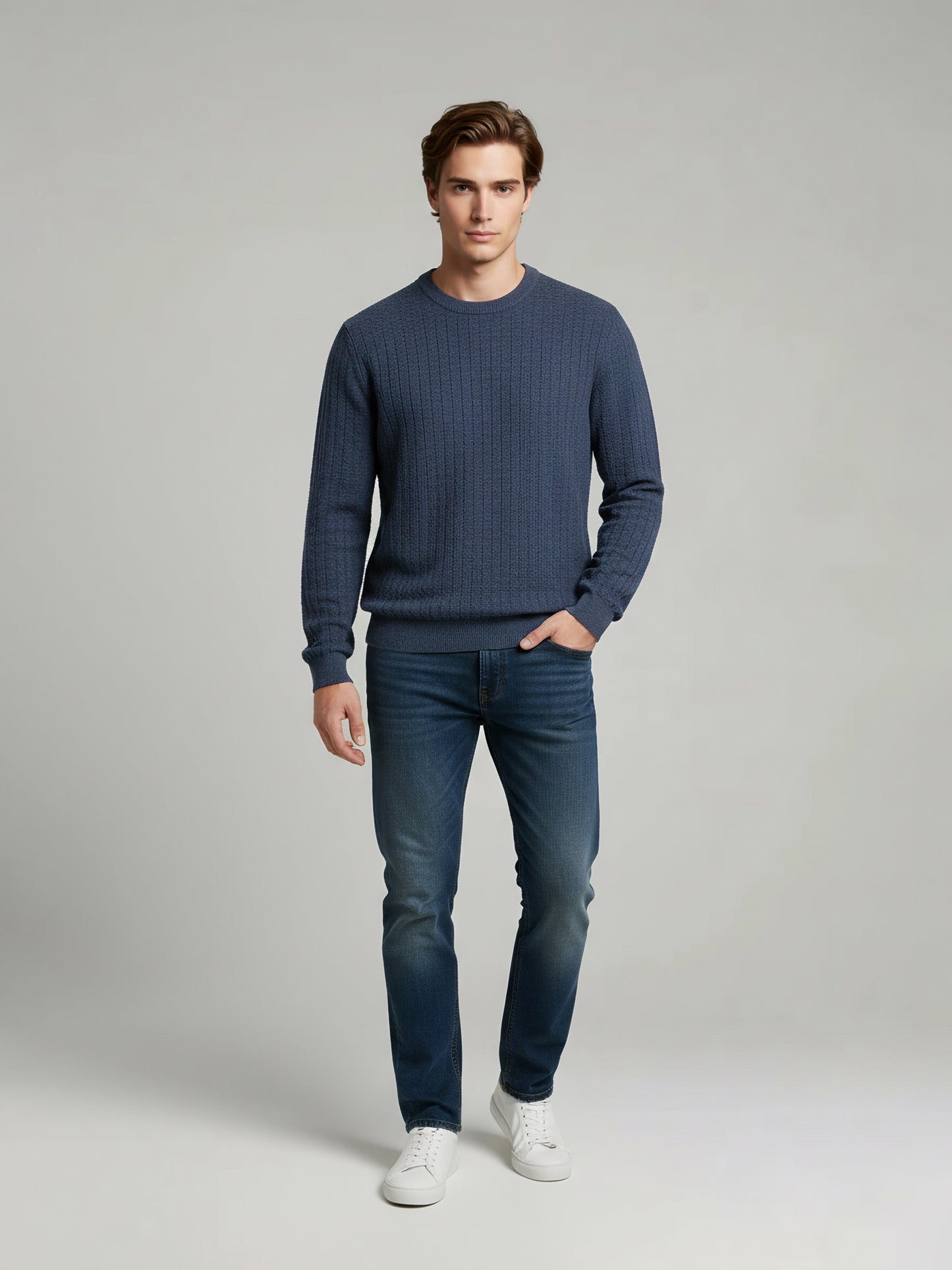 Celio Men Blue Solid Regular Fit Cotton Sweaters