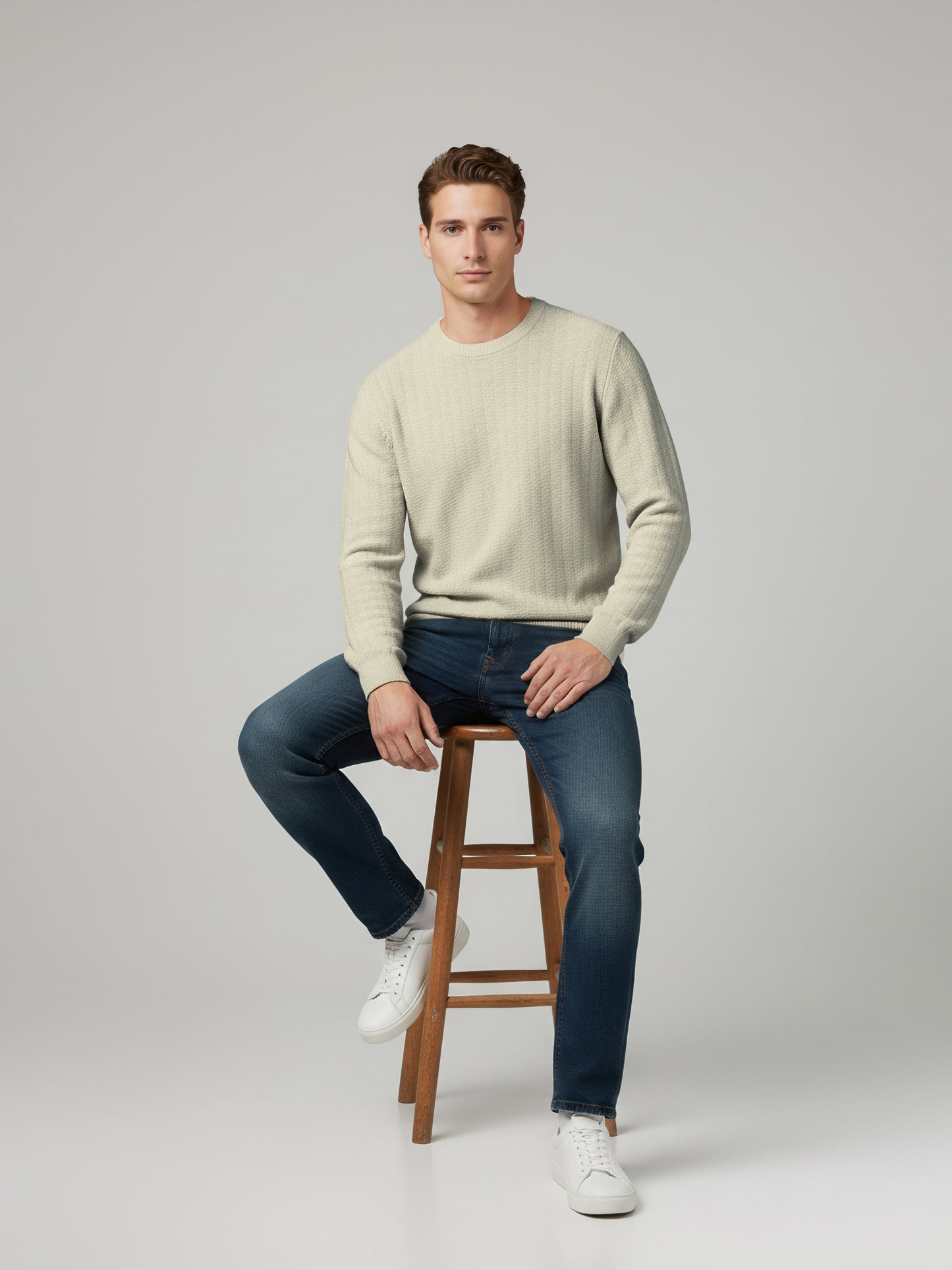 Celio* Men Cream Solid Regular Fit Cotton Sweaters