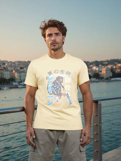 Celio* Men Mustard Printed Straight Fit Cotton T-shirt