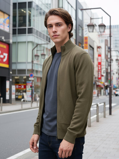 Celio* Men Olive Solid Straight Fit Cotton Sweaters