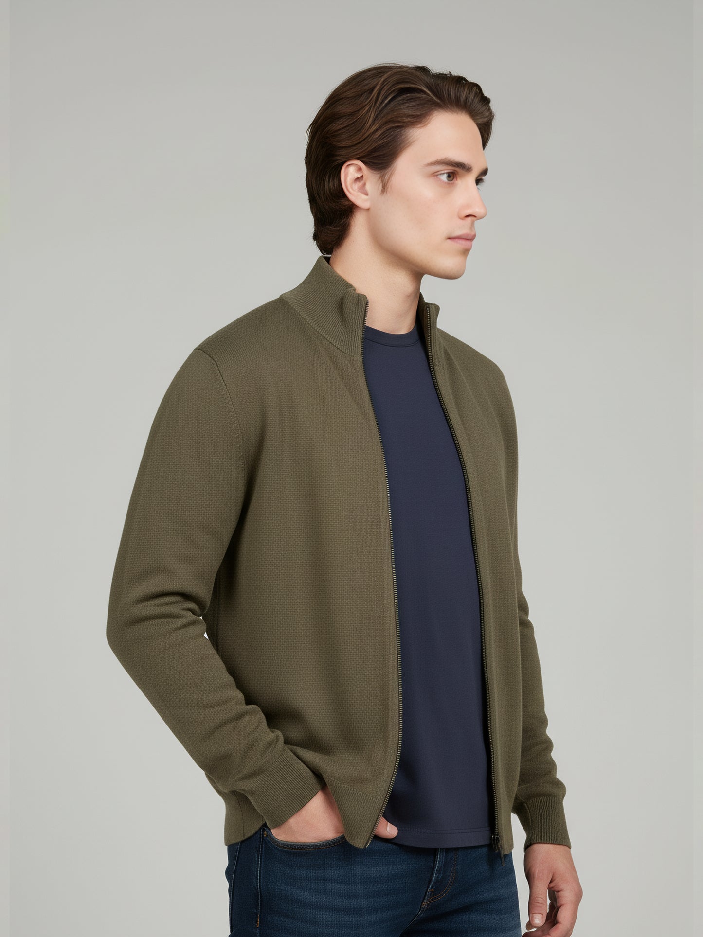 Celio Men Olive Solid Straight Fit Cotton Sweaters