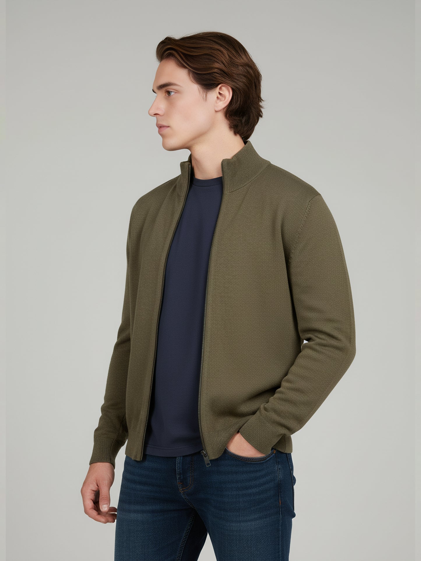 Celio Men Olive Solid Straight Fit Cotton Sweaters