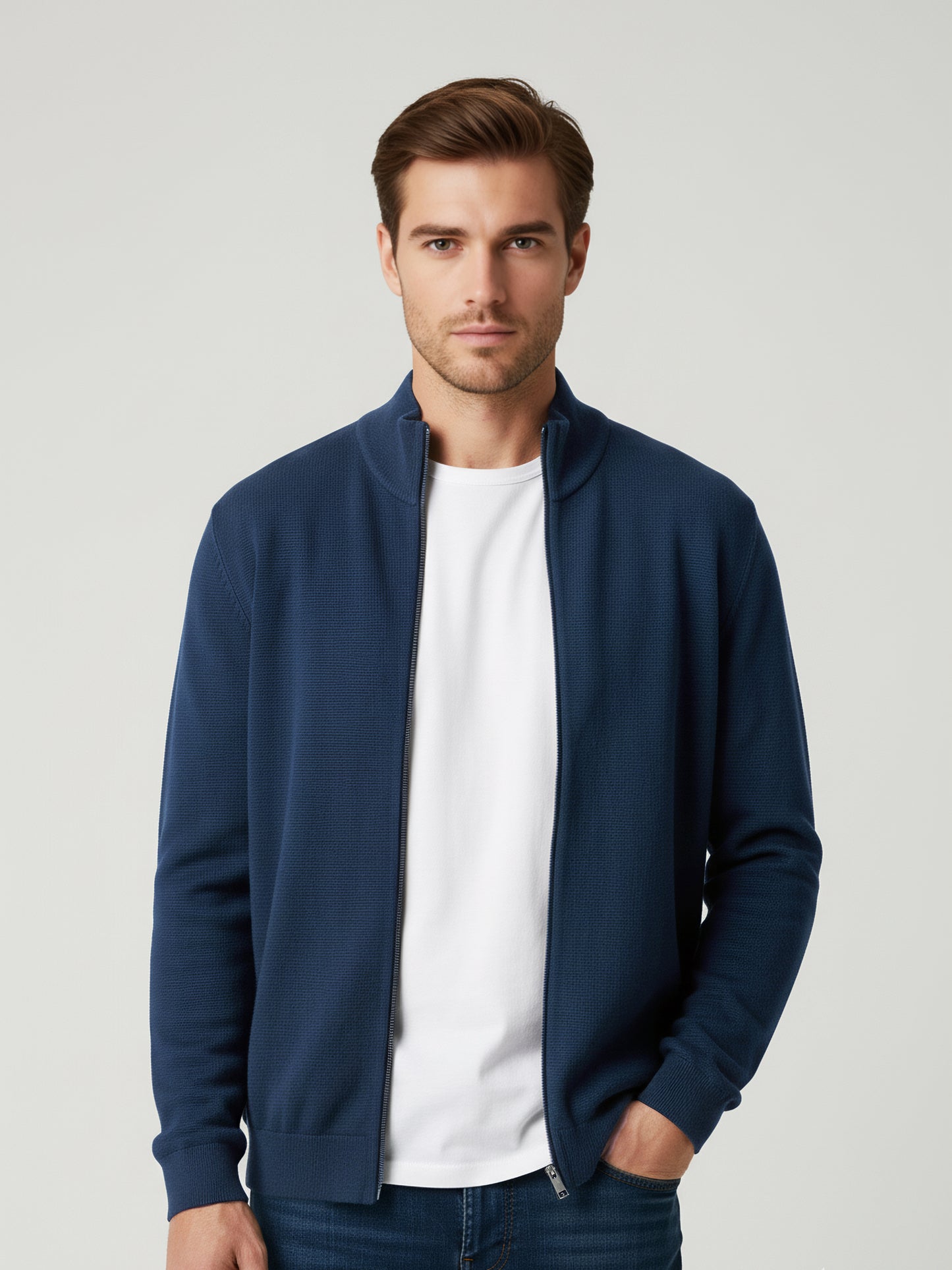 Celio Men Navy Blue Solid Straight Fit Cotton Sweaters