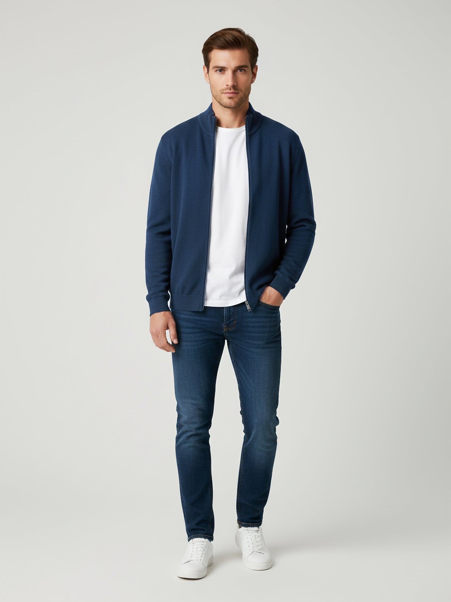 Celio Men Navy Blue Solid Straight Fit Cotton Sweaters