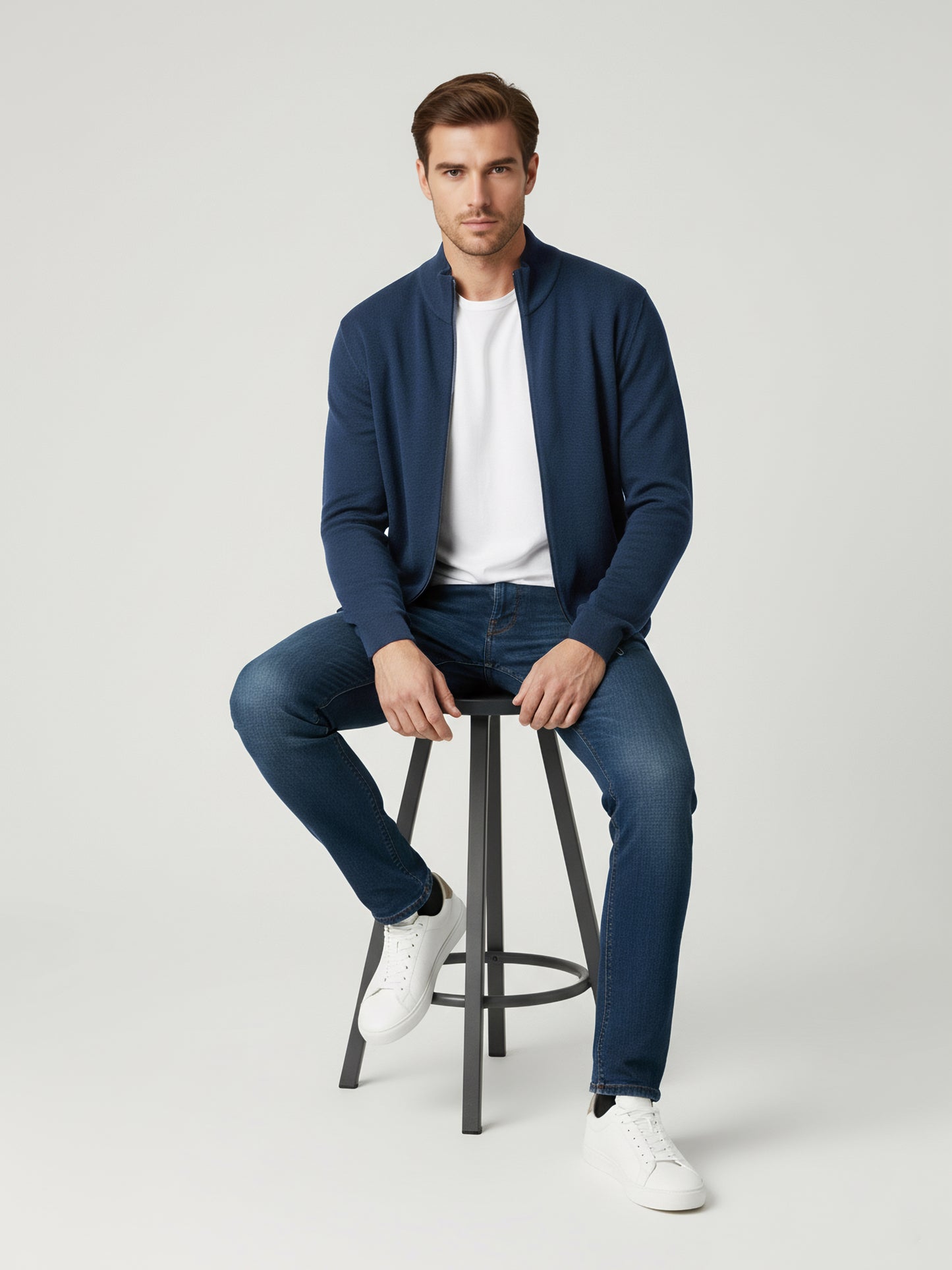 Celio Men Navy Blue Solid Straight Fit Cotton Sweaters