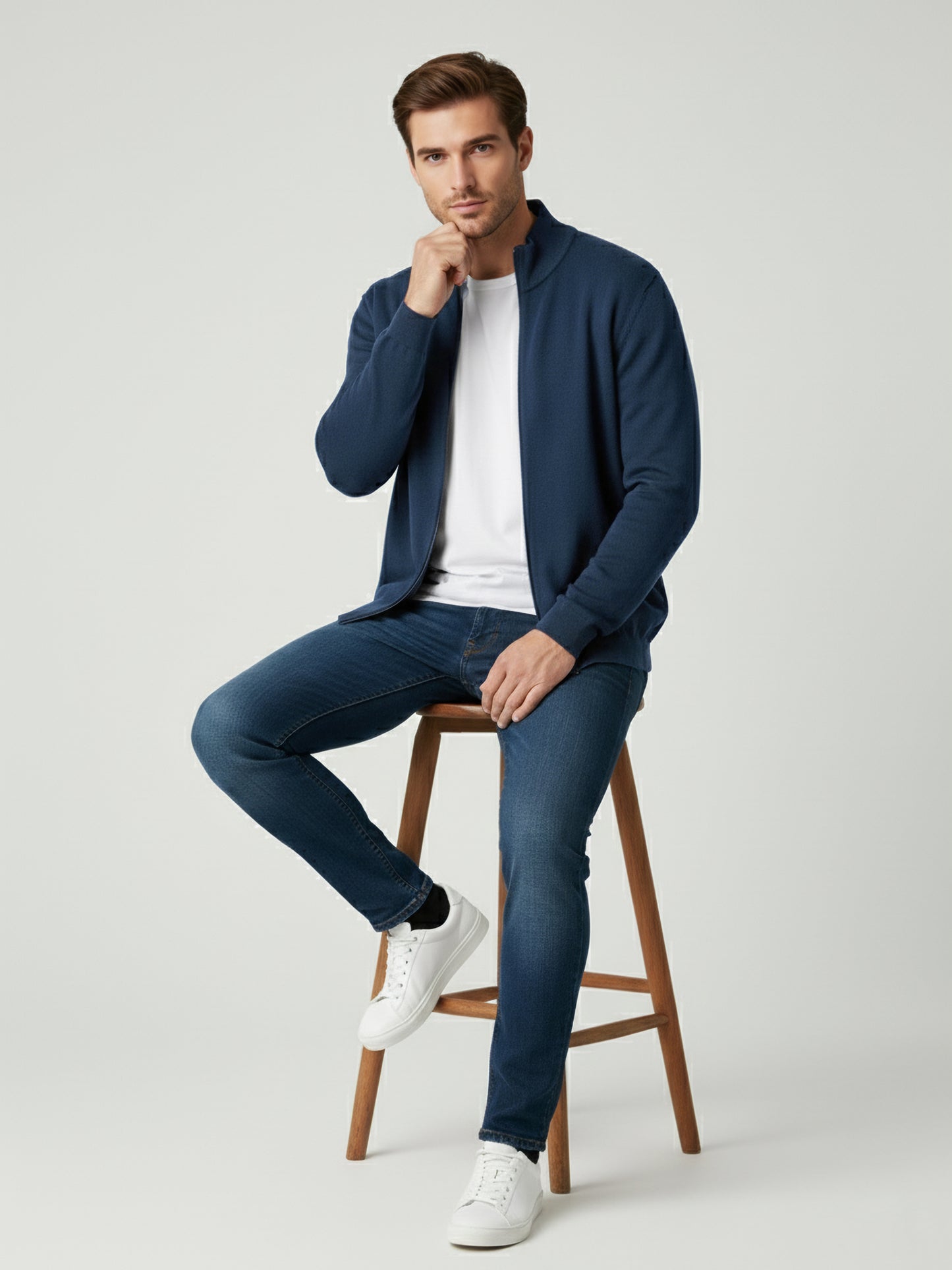 Celio Men Navy Blue Solid Straight Fit Cotton Sweaters