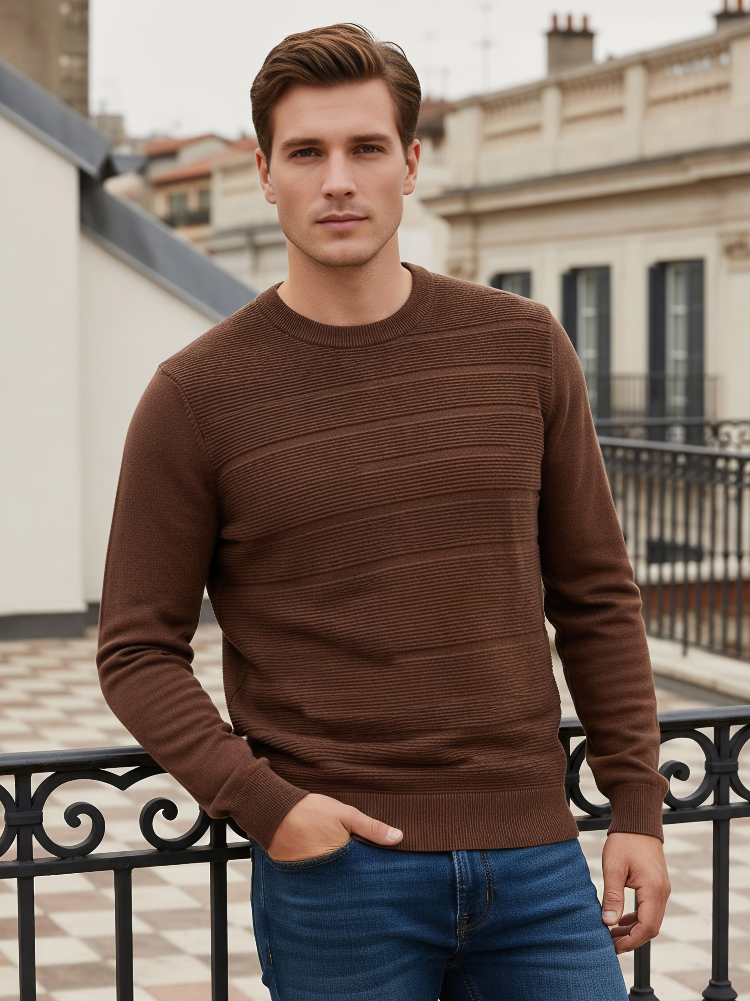 Celio Men Brown Solid Regular Fit Cotton Sweaters