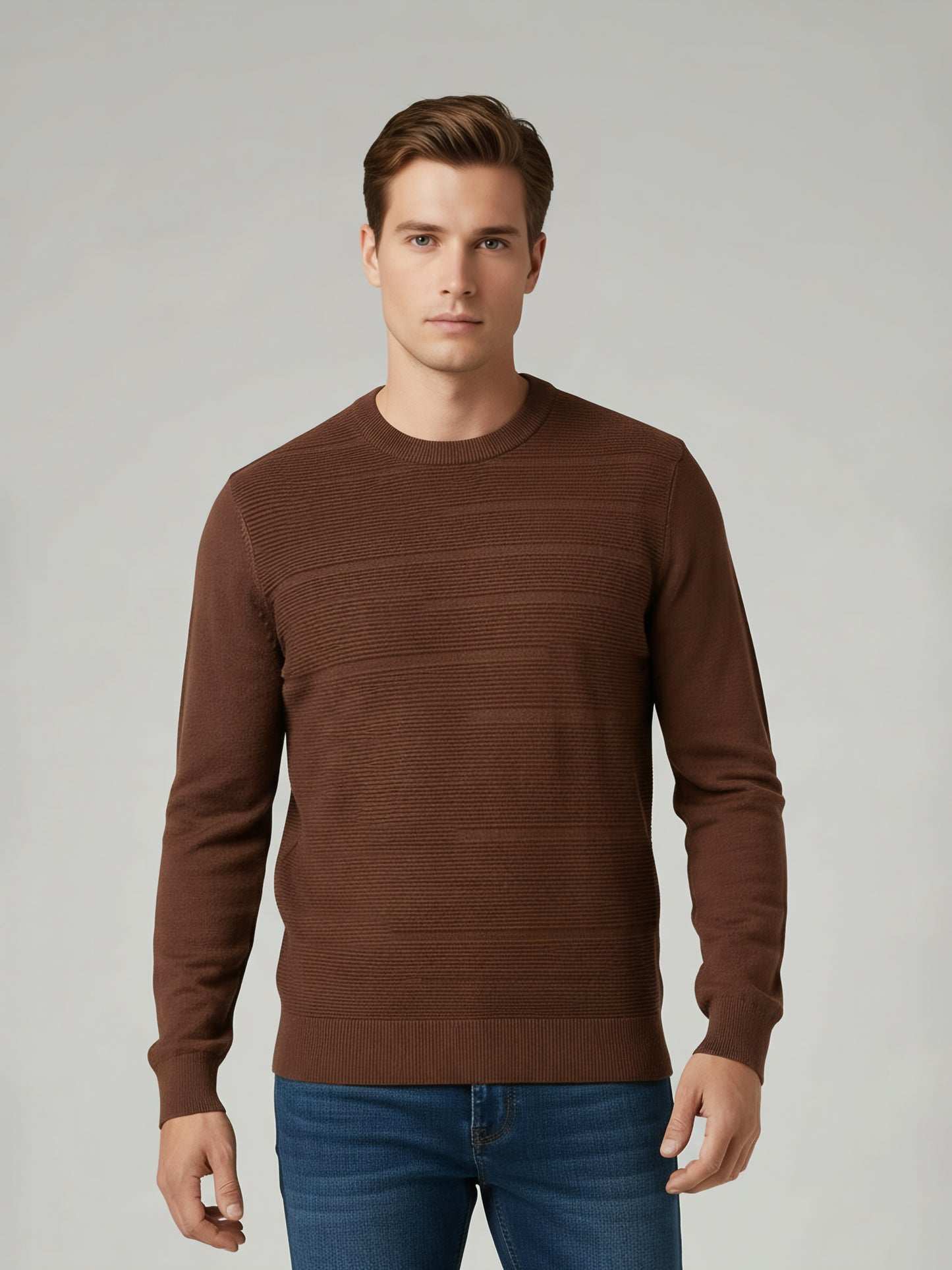 Celio Men Brown Solid Regular Fit Cotton Sweaters