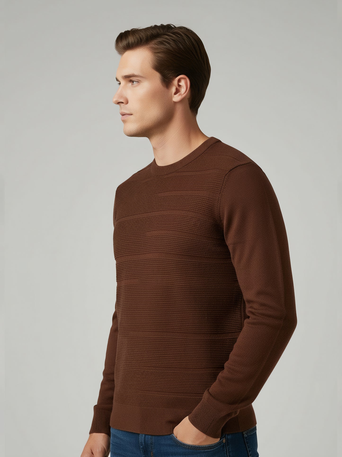 Celio Men Brown Solid Regular Fit Cotton Sweaters