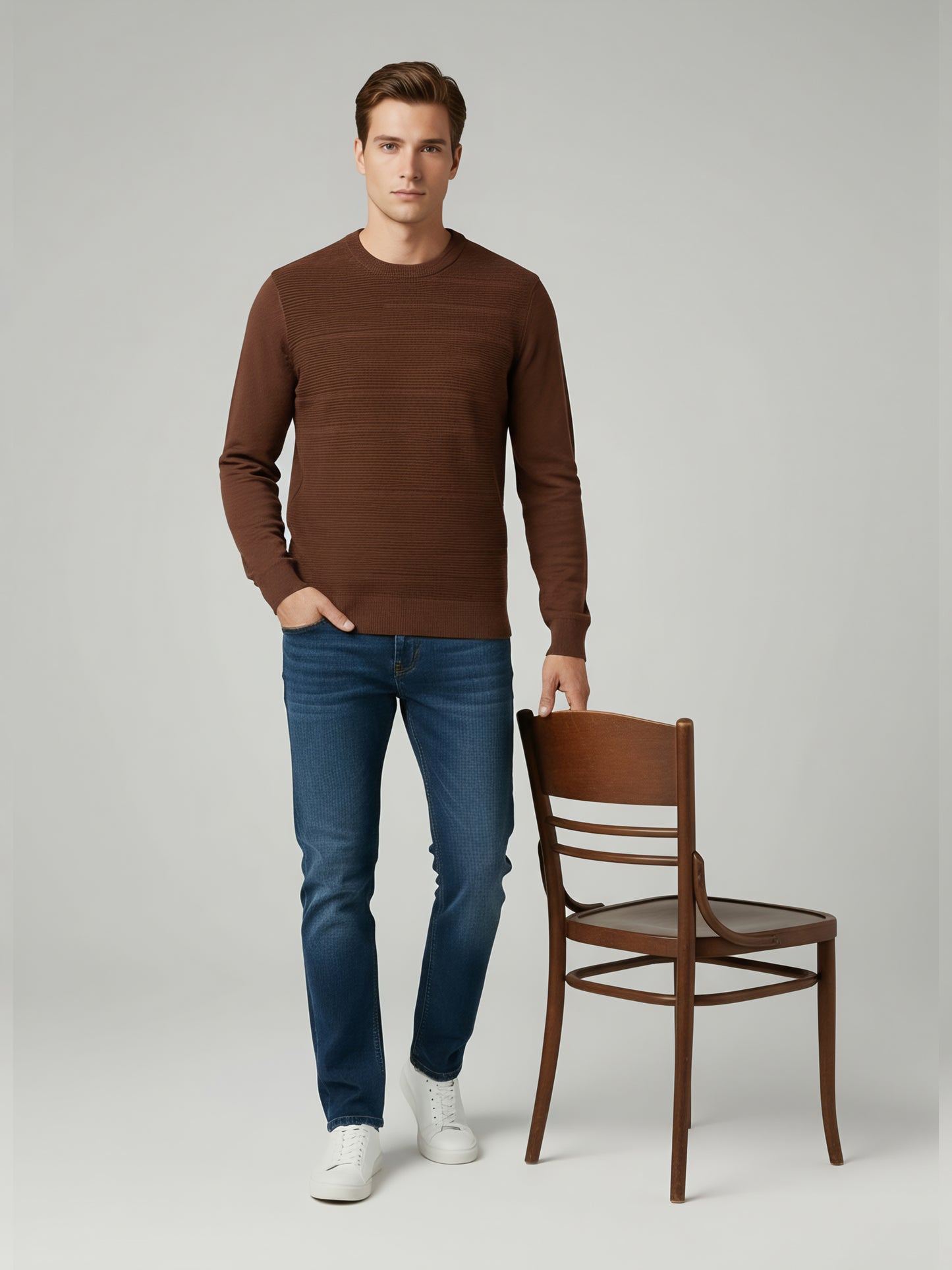 Celio Men Brown Solid Regular Fit Cotton Sweaters