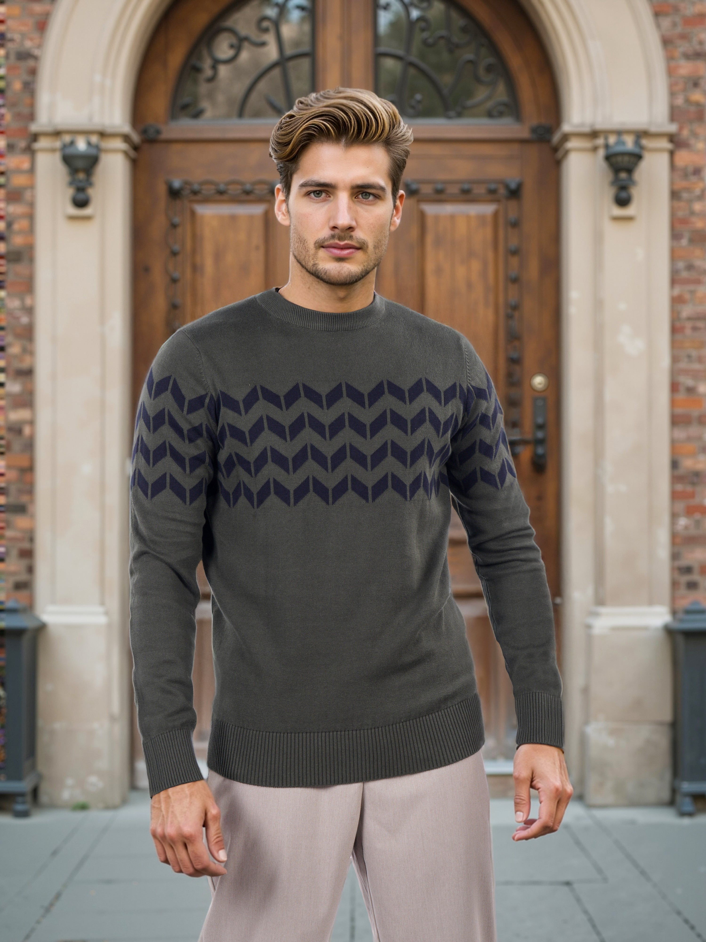 Celio* Men Olive Printed Regular Fit Cotton Sweater