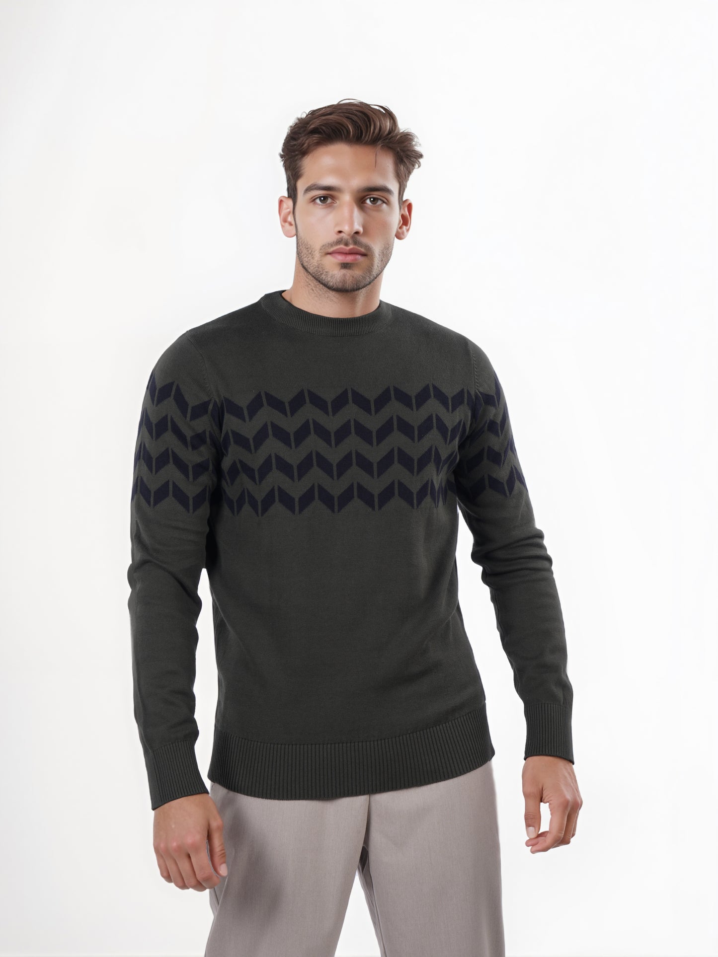 Celio* Men Olive Printed Regular Fit Cotton Sweater