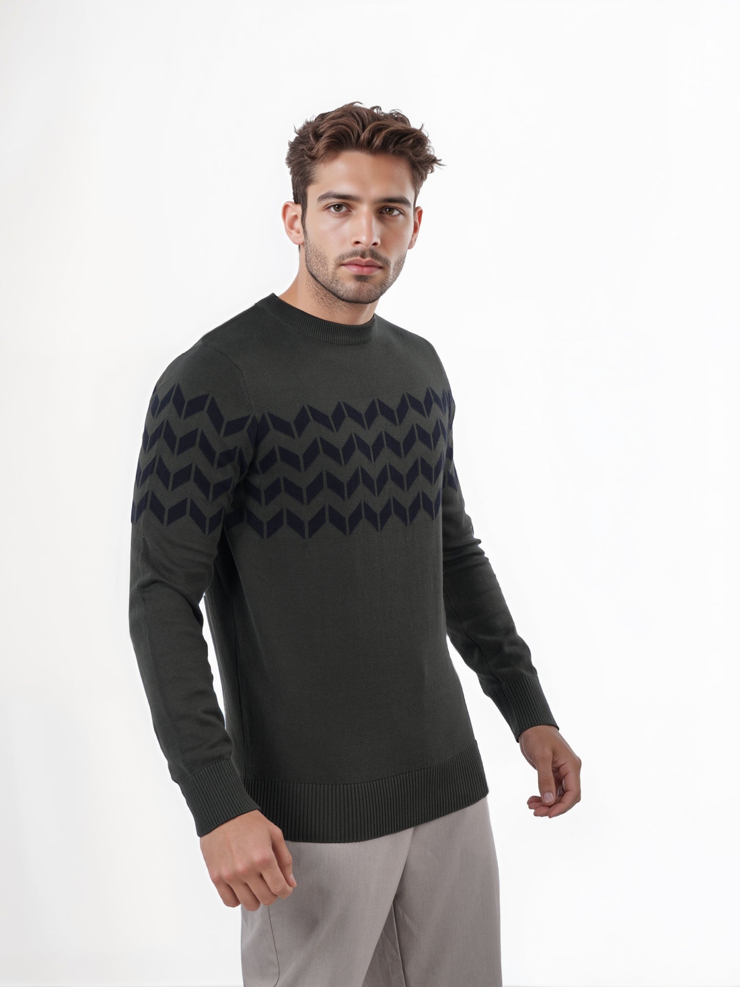 Celio* Men Olive Printed Regular Fit Cotton Sweater