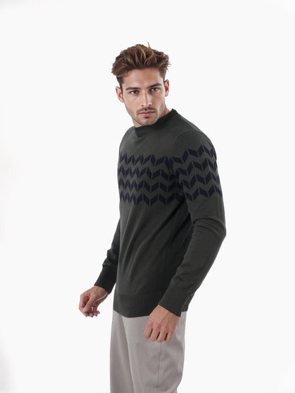 Celio* Men Olive Printed Regular Fit Cotton Sweater