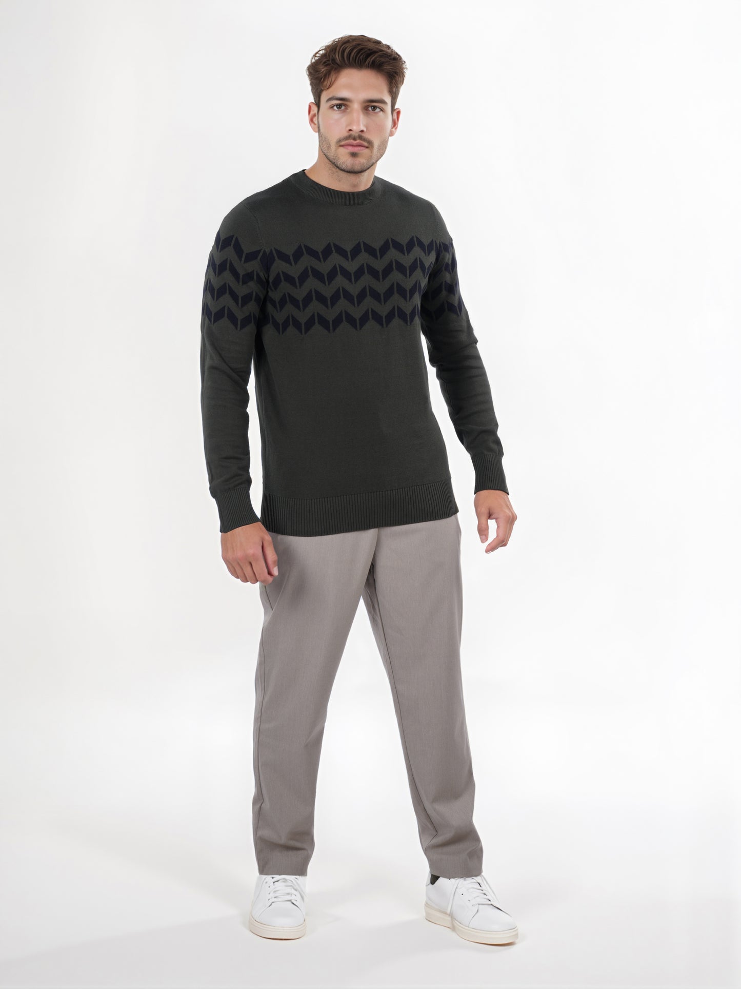 Celio* Men Olive Printed Regular Fit Cotton Sweater