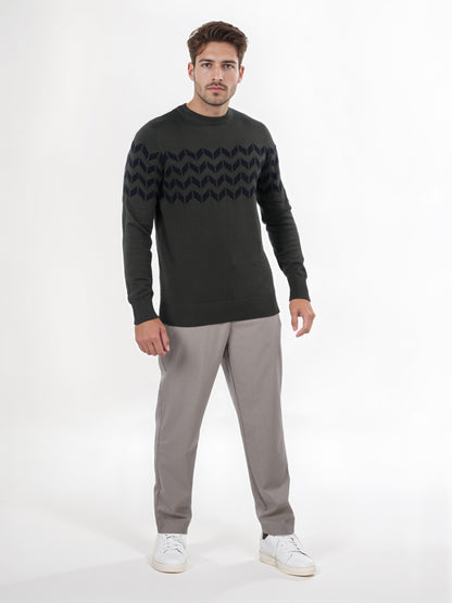 Celio* Men Olive Printed Regular Fit Cotton Sweater