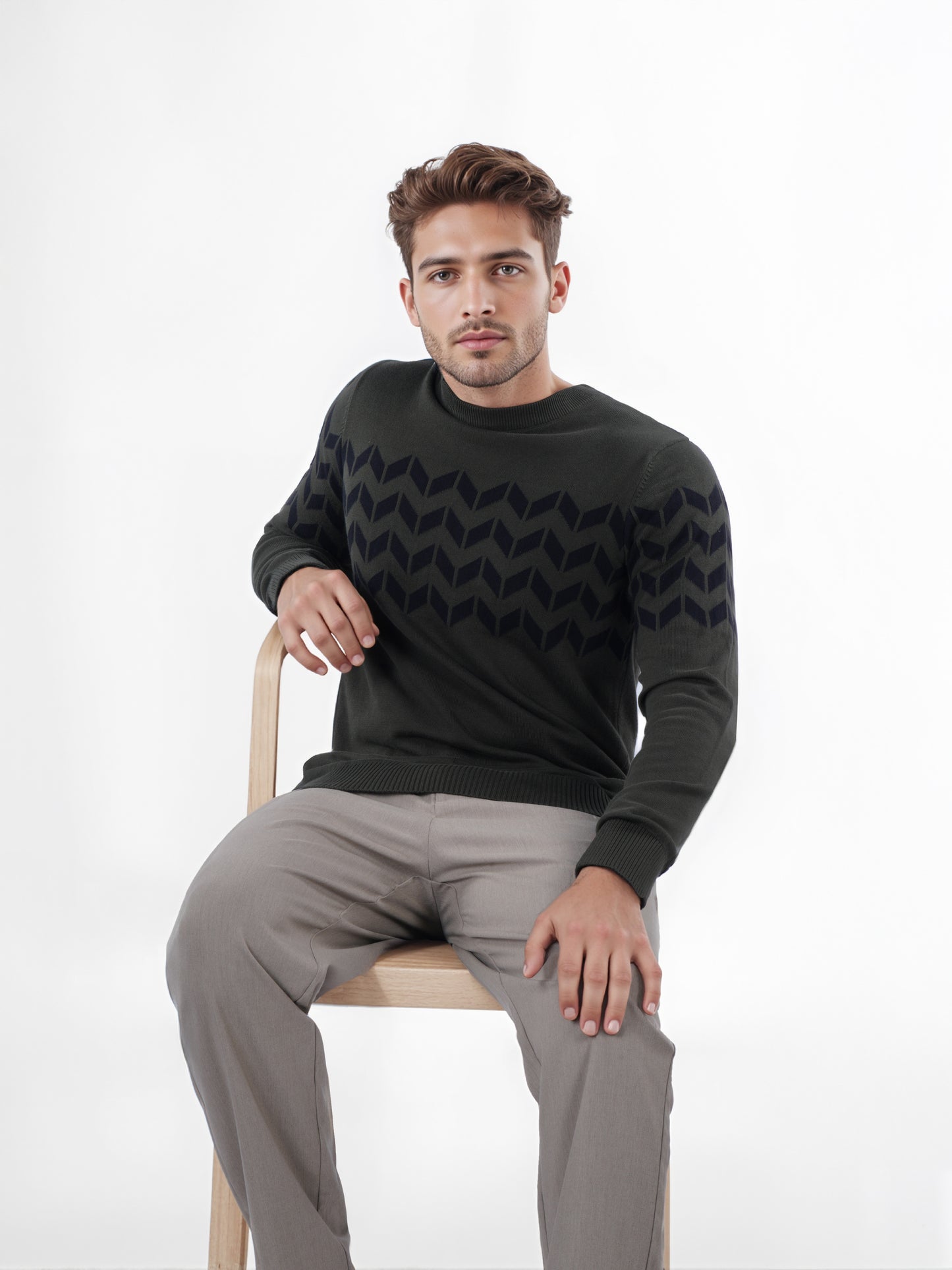 Celio* Men Olive Printed Regular Fit Cotton Sweater