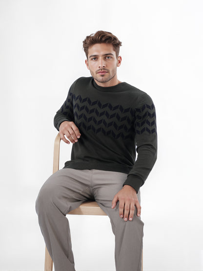 Celio* Men Olive Printed Regular Fit Cotton Sweater