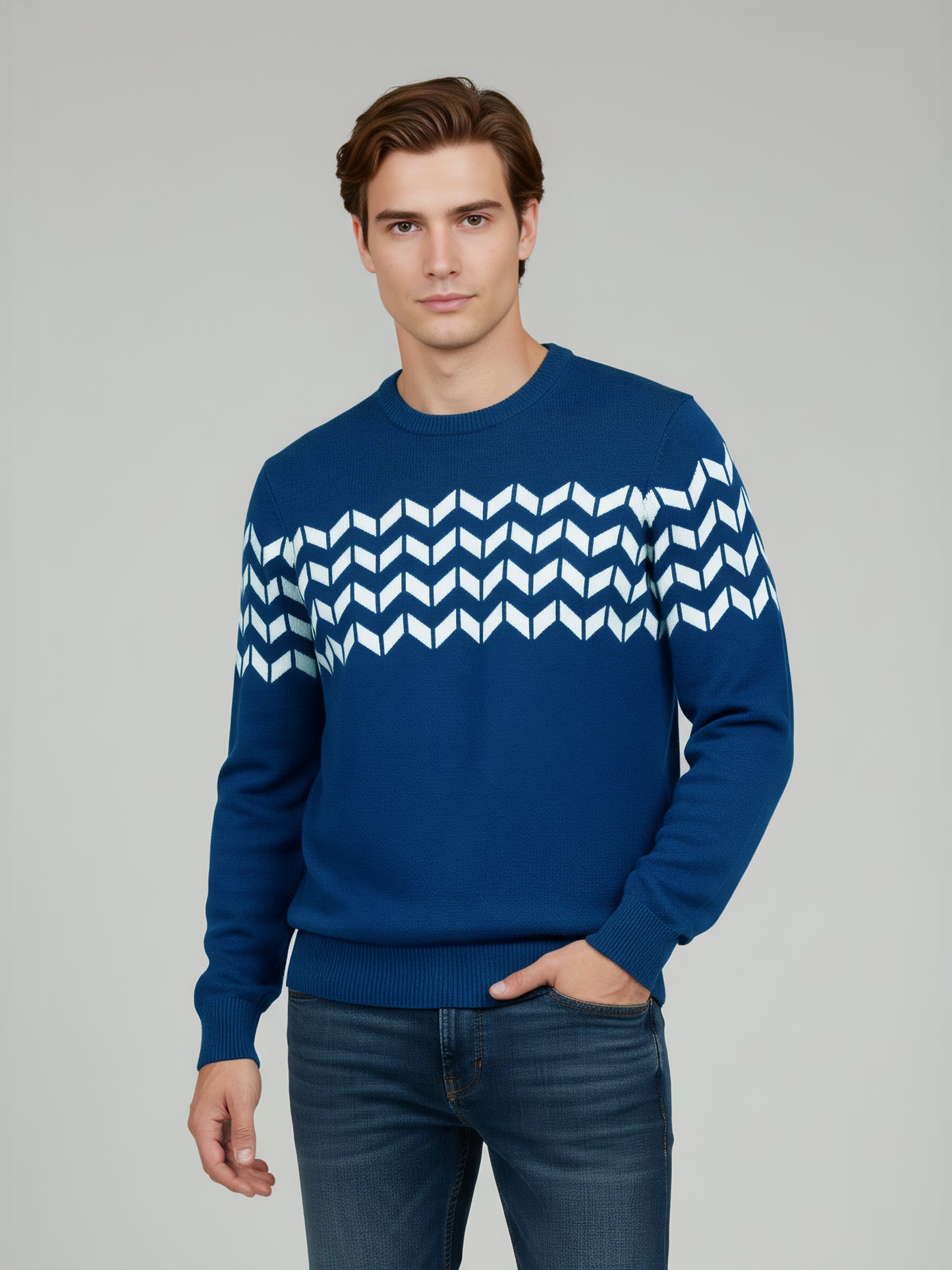 Celio* Men Blue Striped Regular Fit Cotton Sweaters