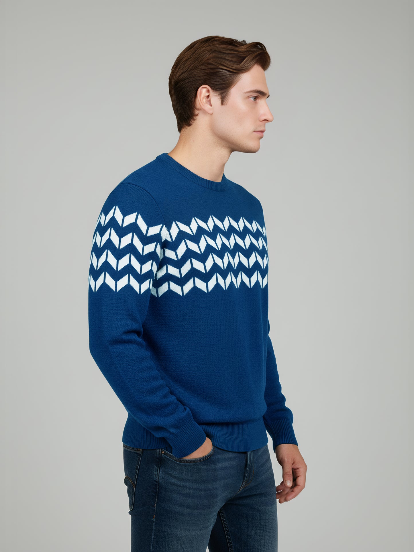 Celio* Men Blue Striped Regular Fit Cotton Sweaters