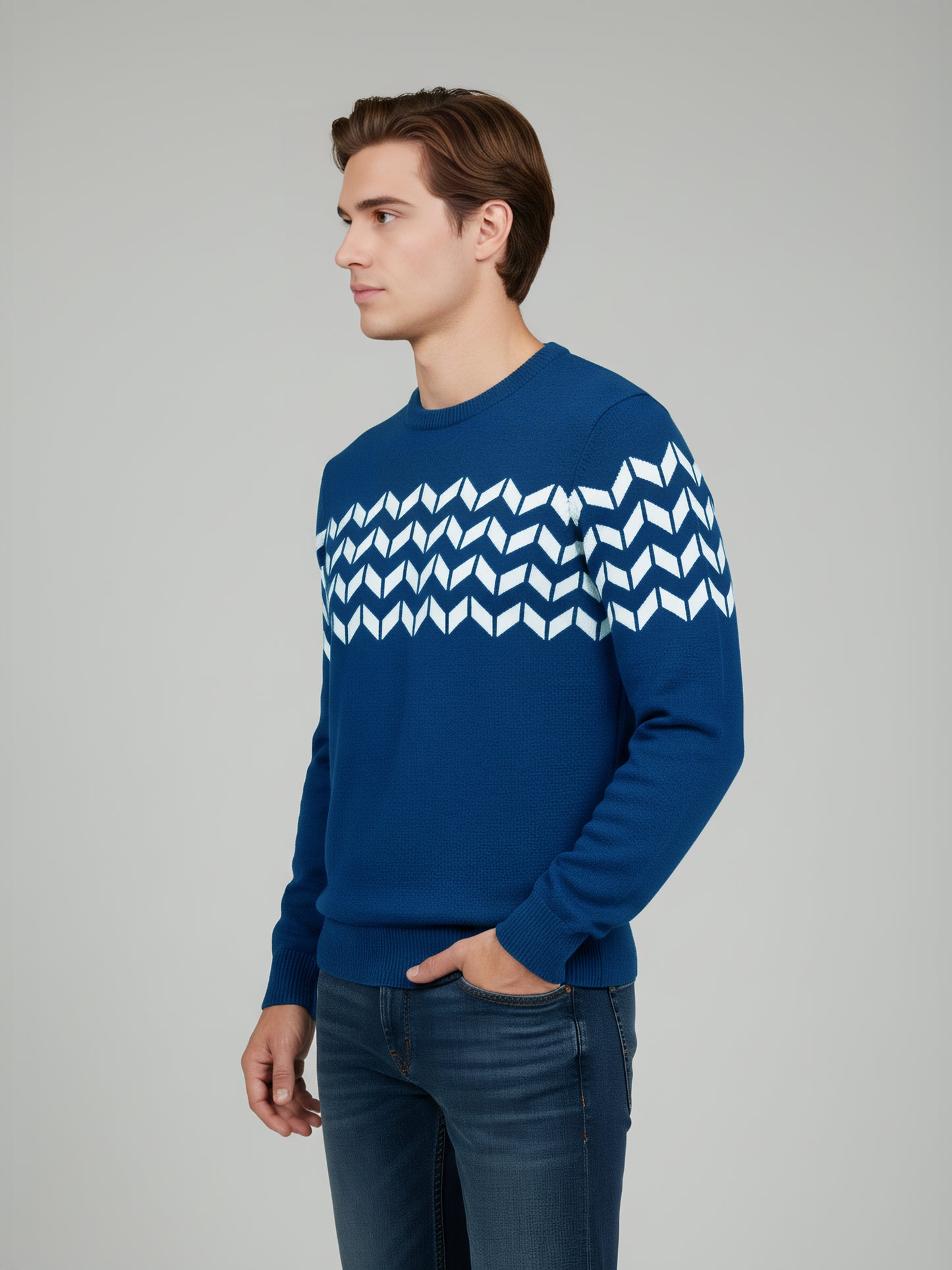 Celio* Men Blue Striped Regular Fit Cotton Sweaters