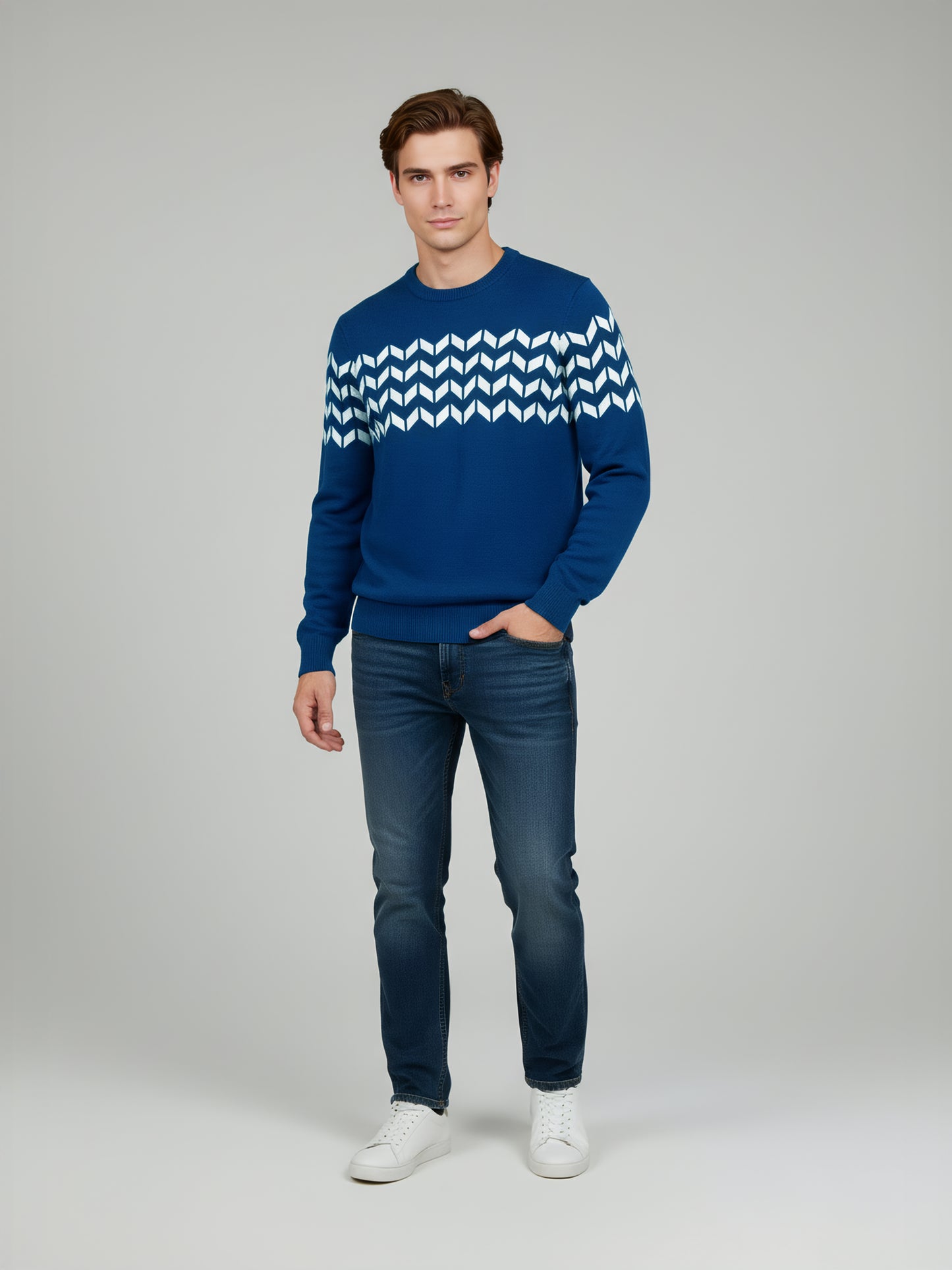 Celio* Men Blue Striped Regular Fit Cotton Sweaters