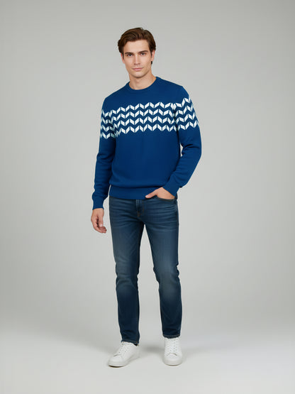 Celio* Men Blue Striped Regular Fit Cotton Sweaters
