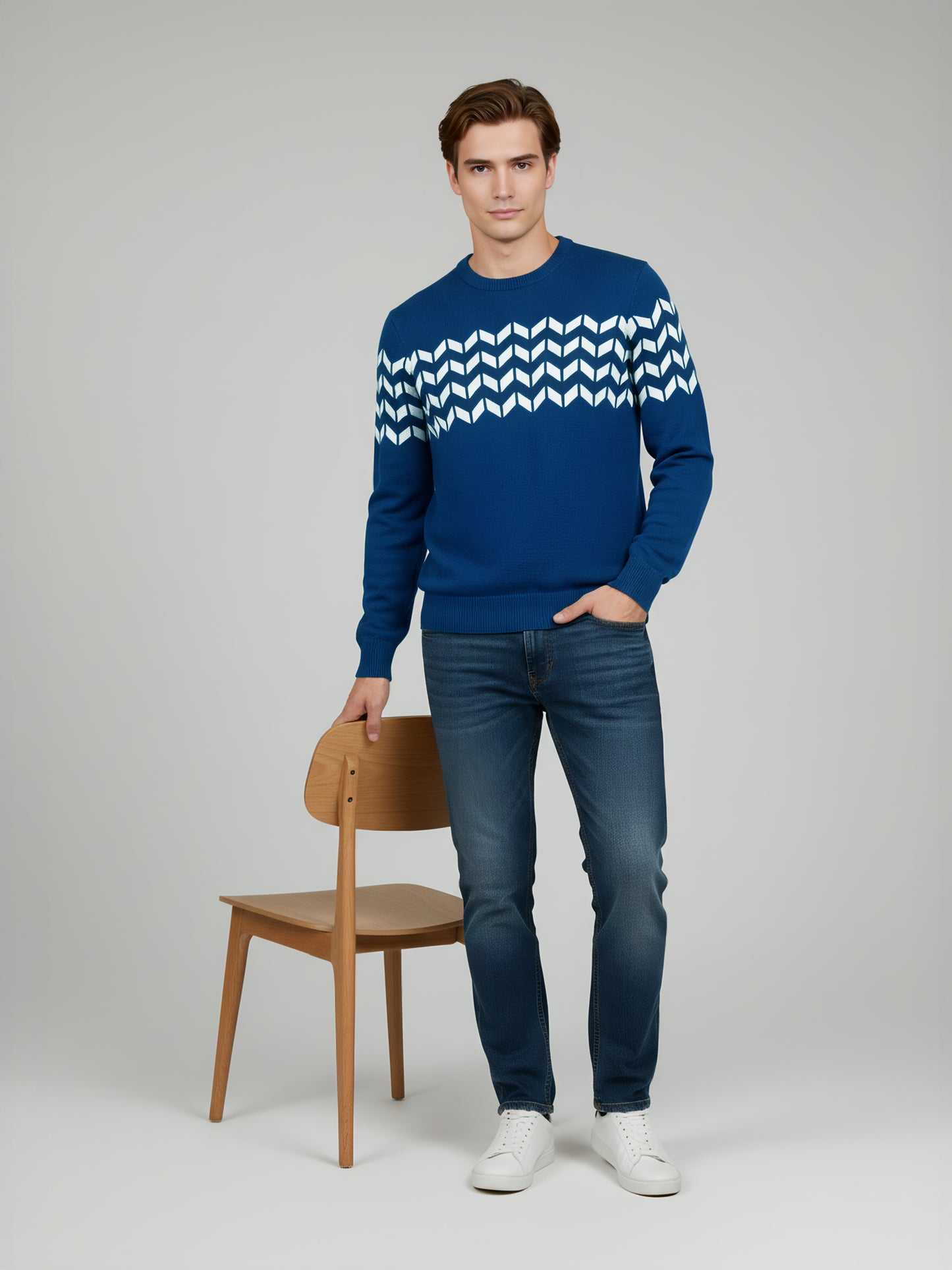Celio* Men Blue Striped Regular Fit Cotton Sweaters