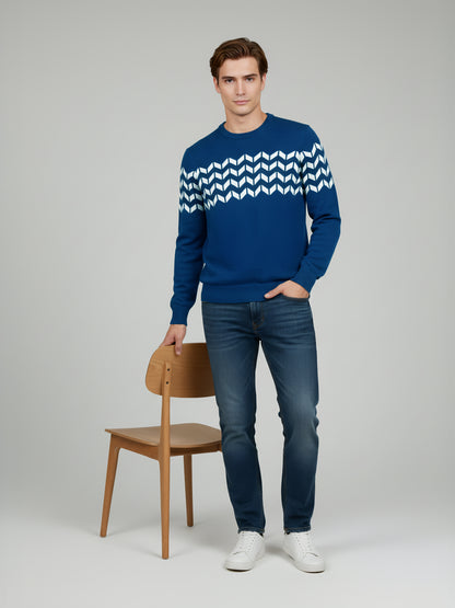 Celio* Men Blue Striped Regular Fit Cotton Sweaters