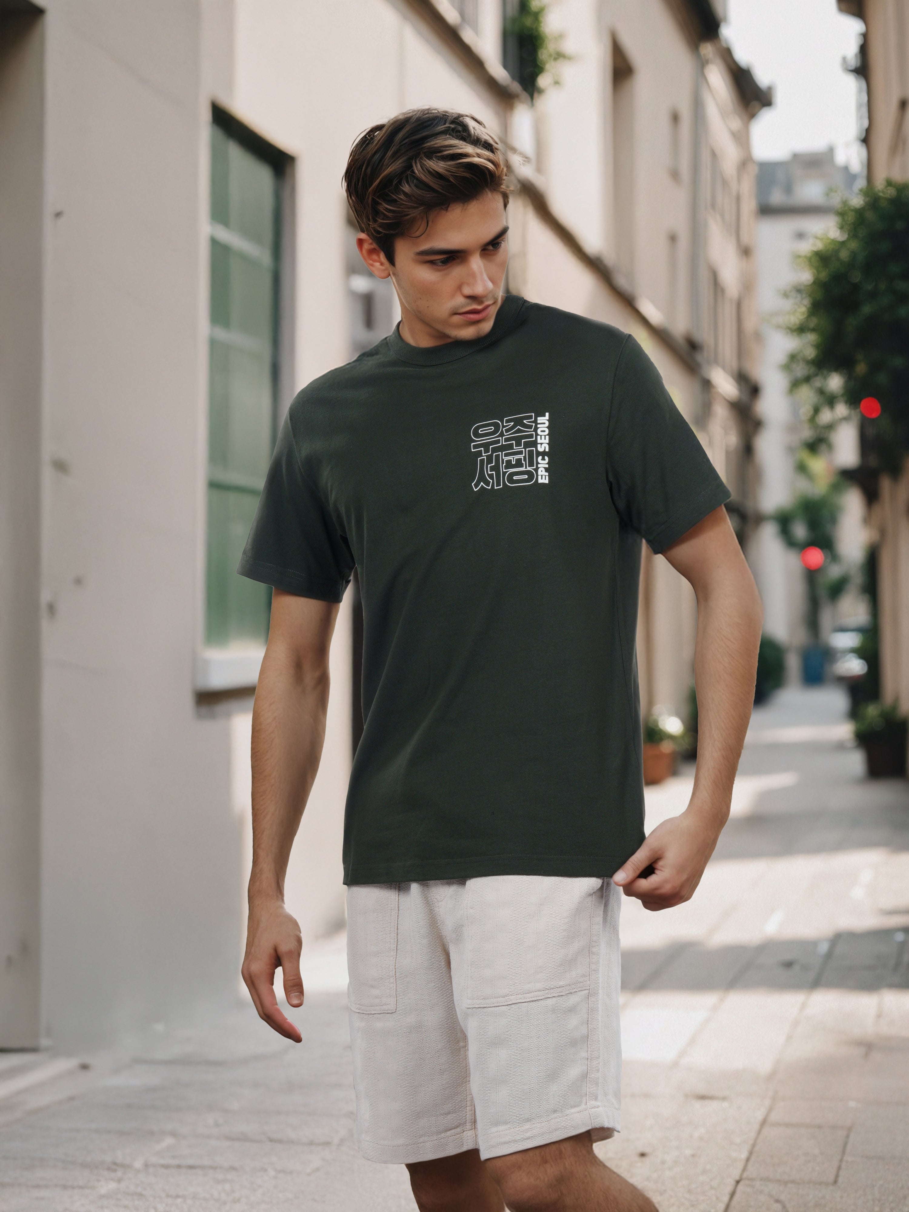 Celio* Men Olive Printed Boxy Cotton T-Shirt