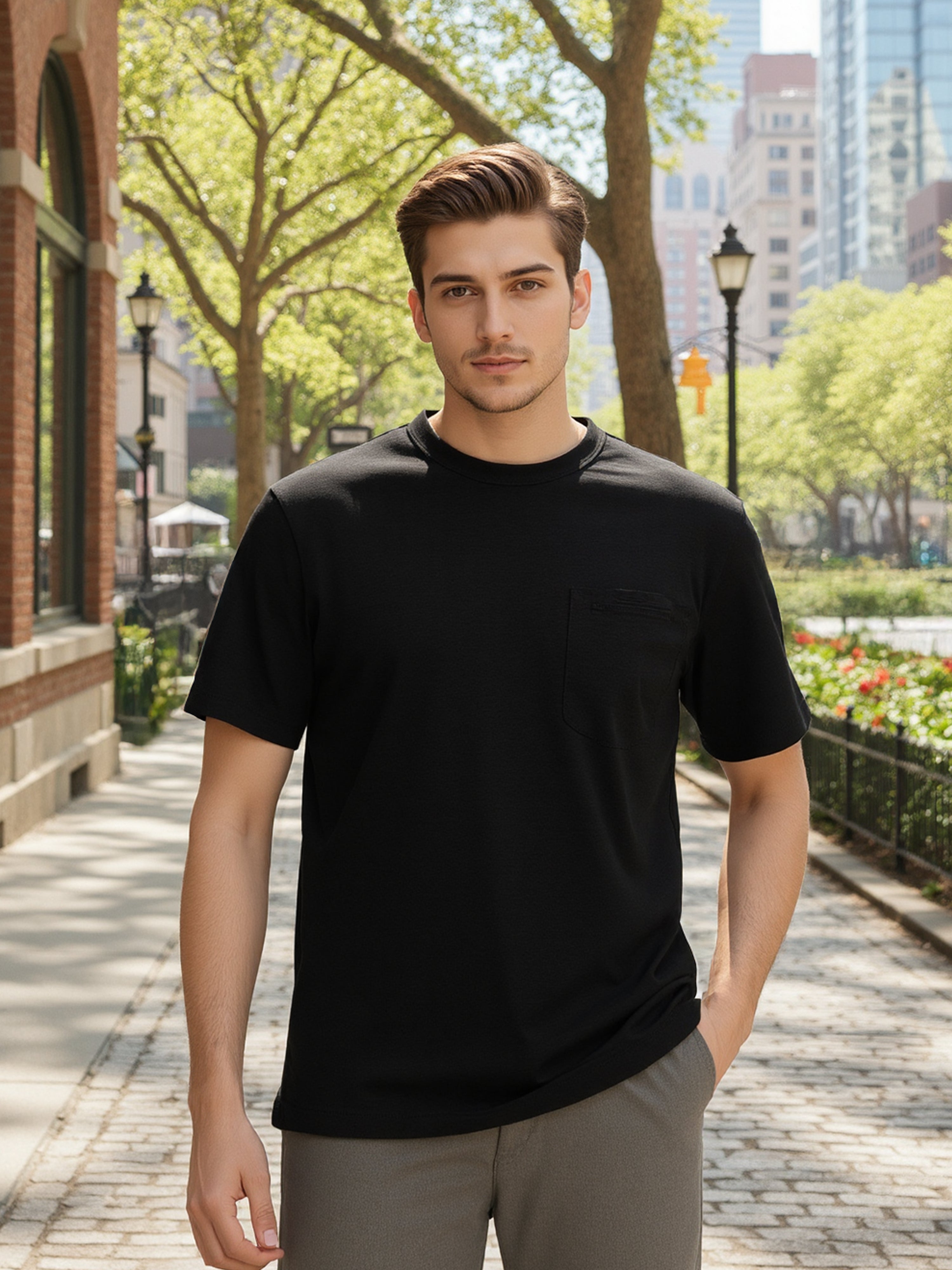 Celio Men Black Solid Boxy Fit Cotton-Blend T-Shirts